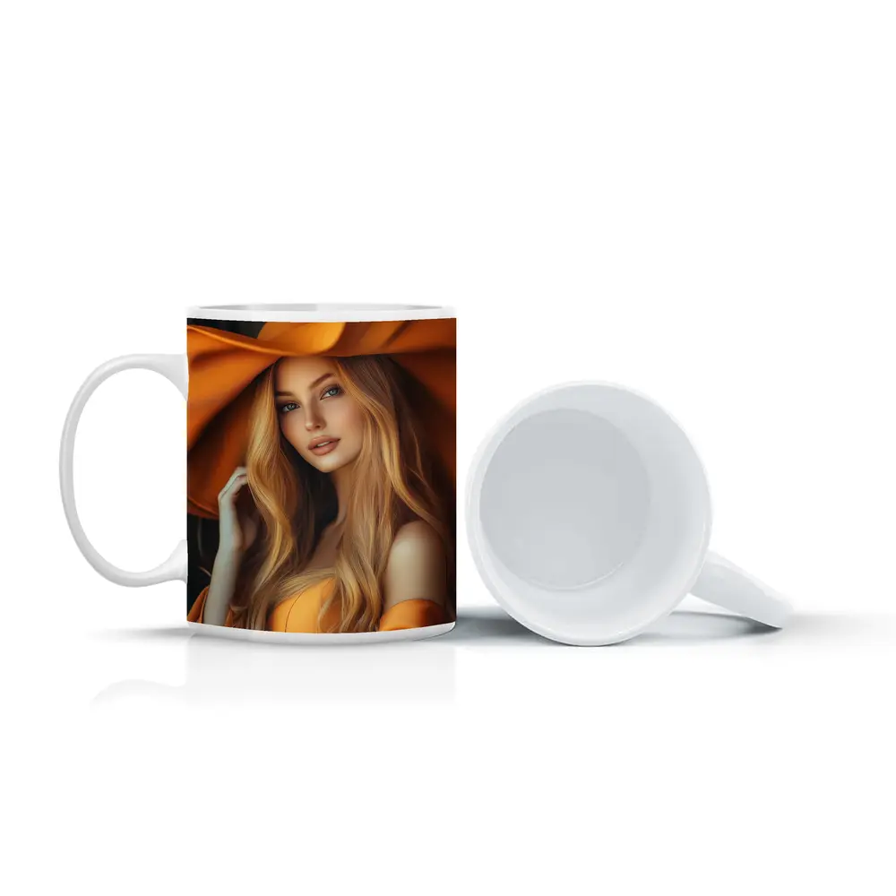 Blonde Woman Orange Wide Brim Hat Portrait – Mugs