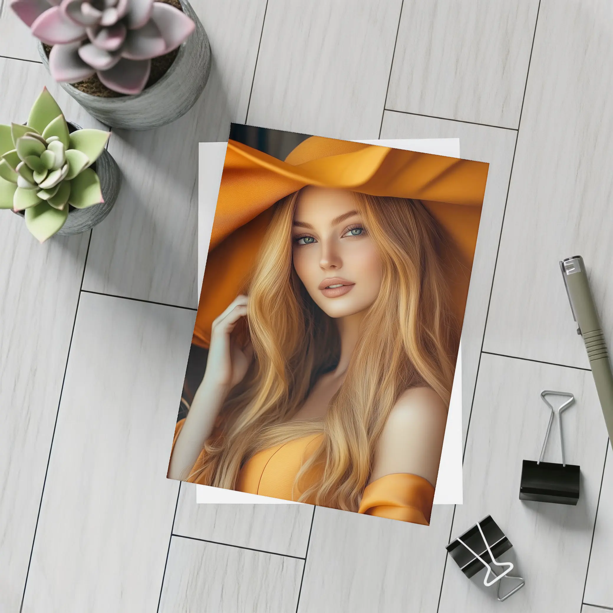 Blonde Woman Orange Wide Brim Hat Portrait – Postcards