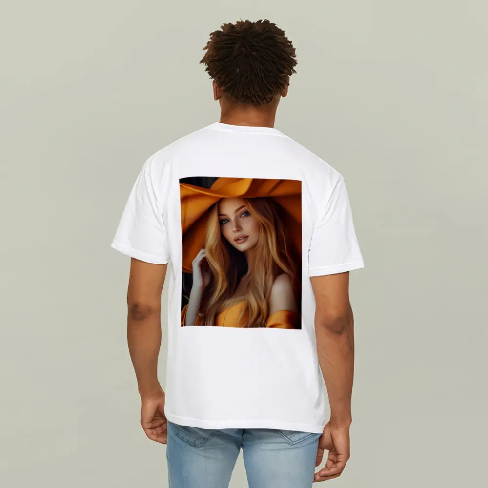 Blonde Woman Orange Wide Brim Hat Portrait – T-Shirts