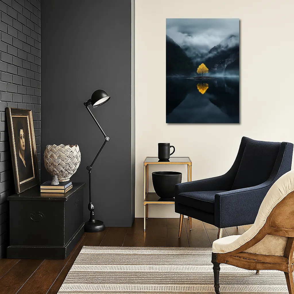 Yellow Tree Lone Island Misty Mountain Lake – Wall Art