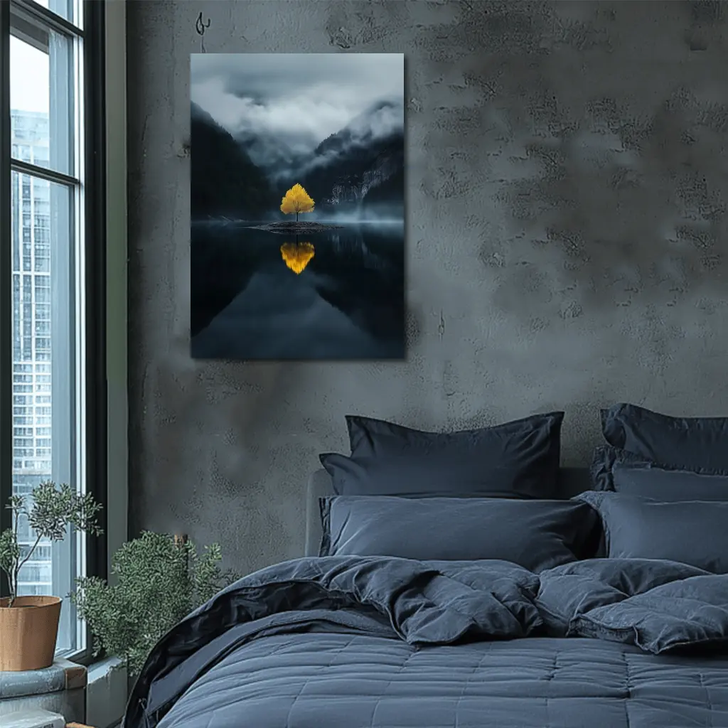 Yellow Tree Lone Island Misty Mountain Lake – Wall Art