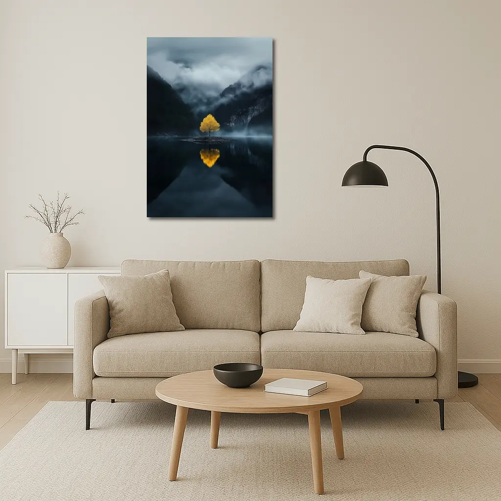 Yellow Tree Lone Island Misty Mountain Lake – Wall Art