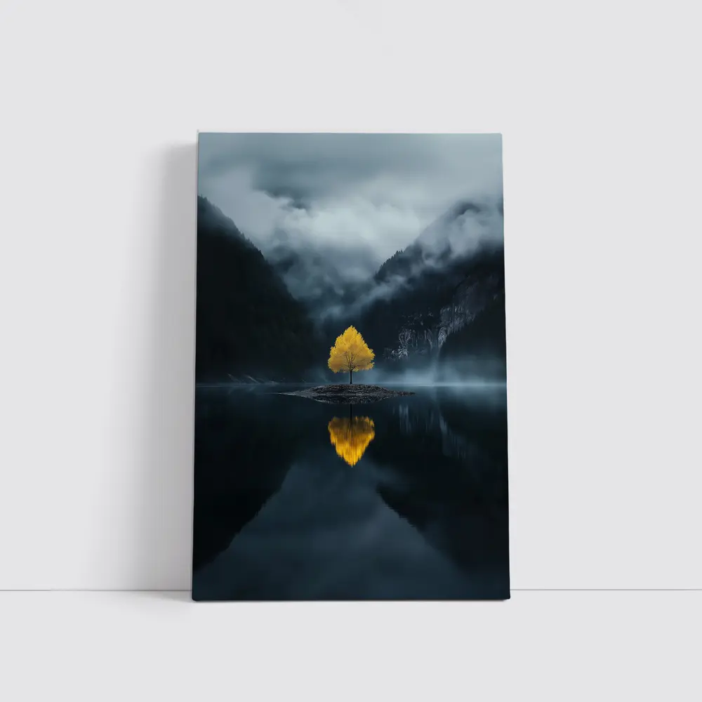 Yellow Tree Lone Island Misty Mountain Lake – Wall Art
