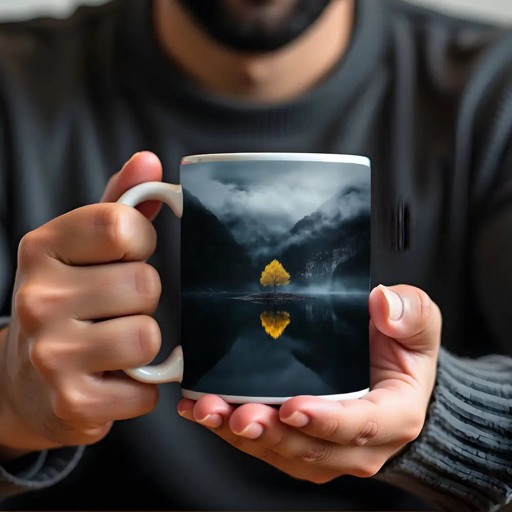 Yellow Tree Lone Island Misty Mountain Lake – Mugs