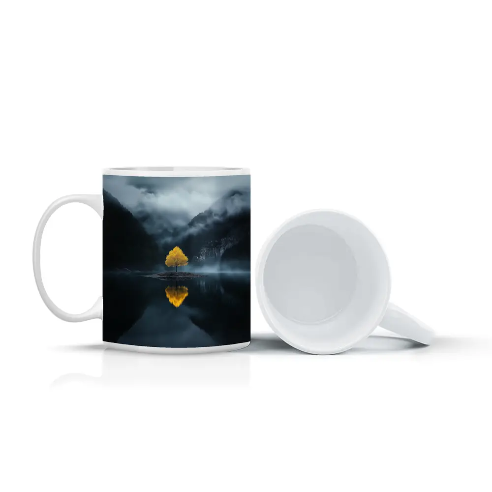 Yellow Tree Lone Island Misty Mountain Lake – Mugs