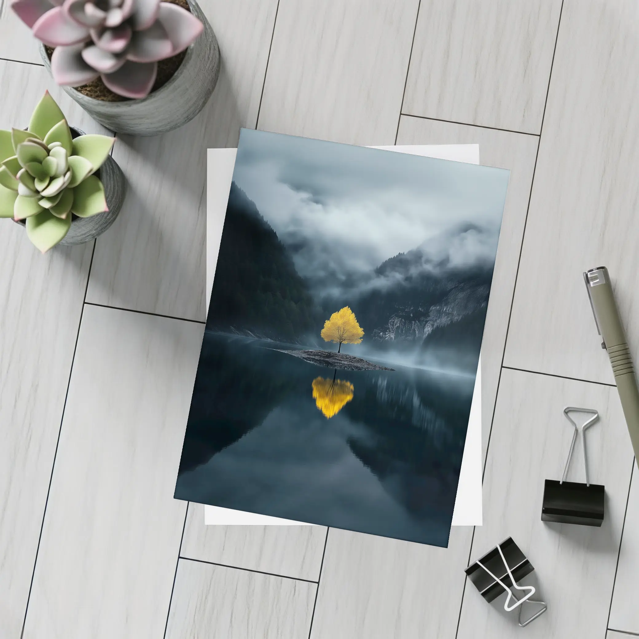 Yellow Tree Lone Island Misty Mountain Lake – Postcards