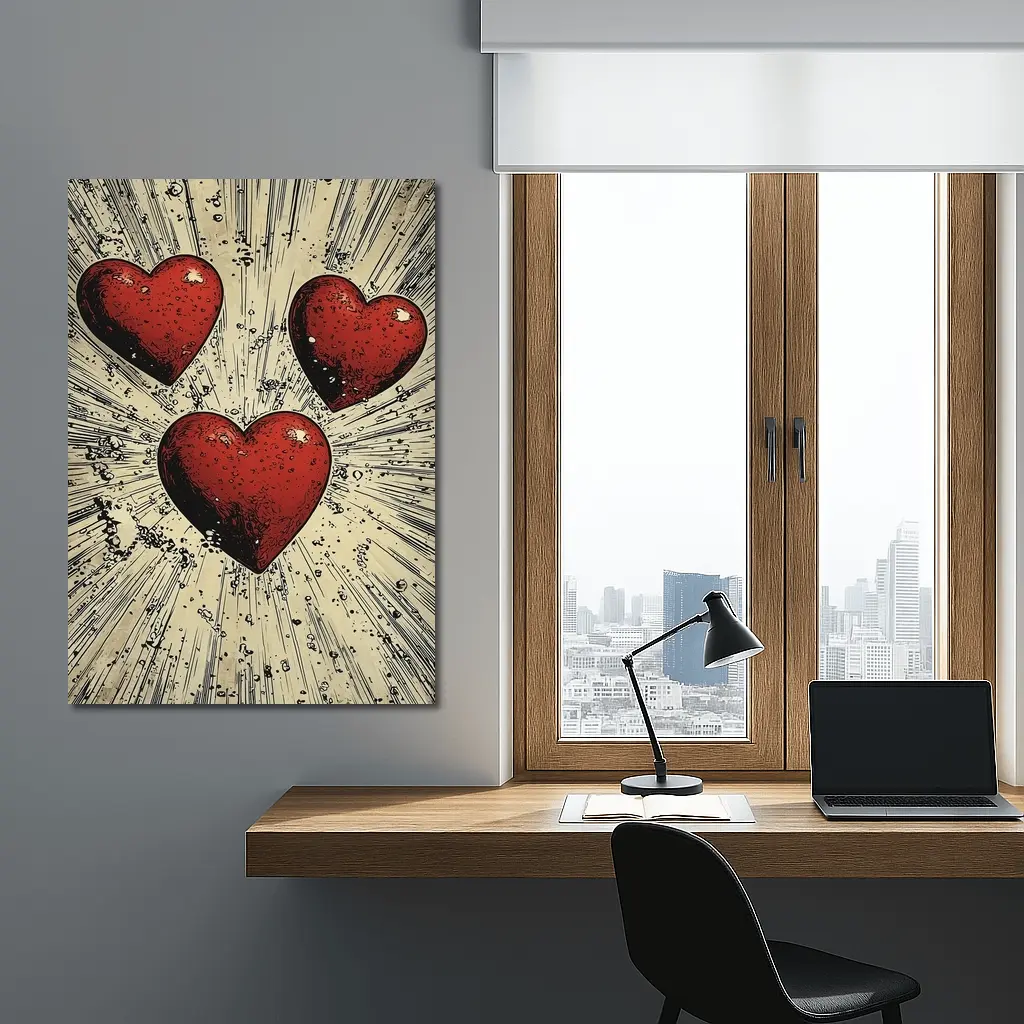Three Red Hearts Comic Book Art Style – Wall Art