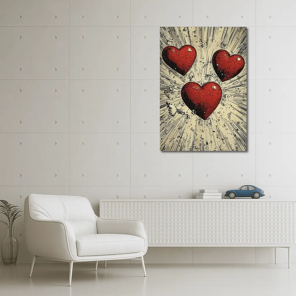 Three Red Hearts Comic Book Art Style – Wall Art