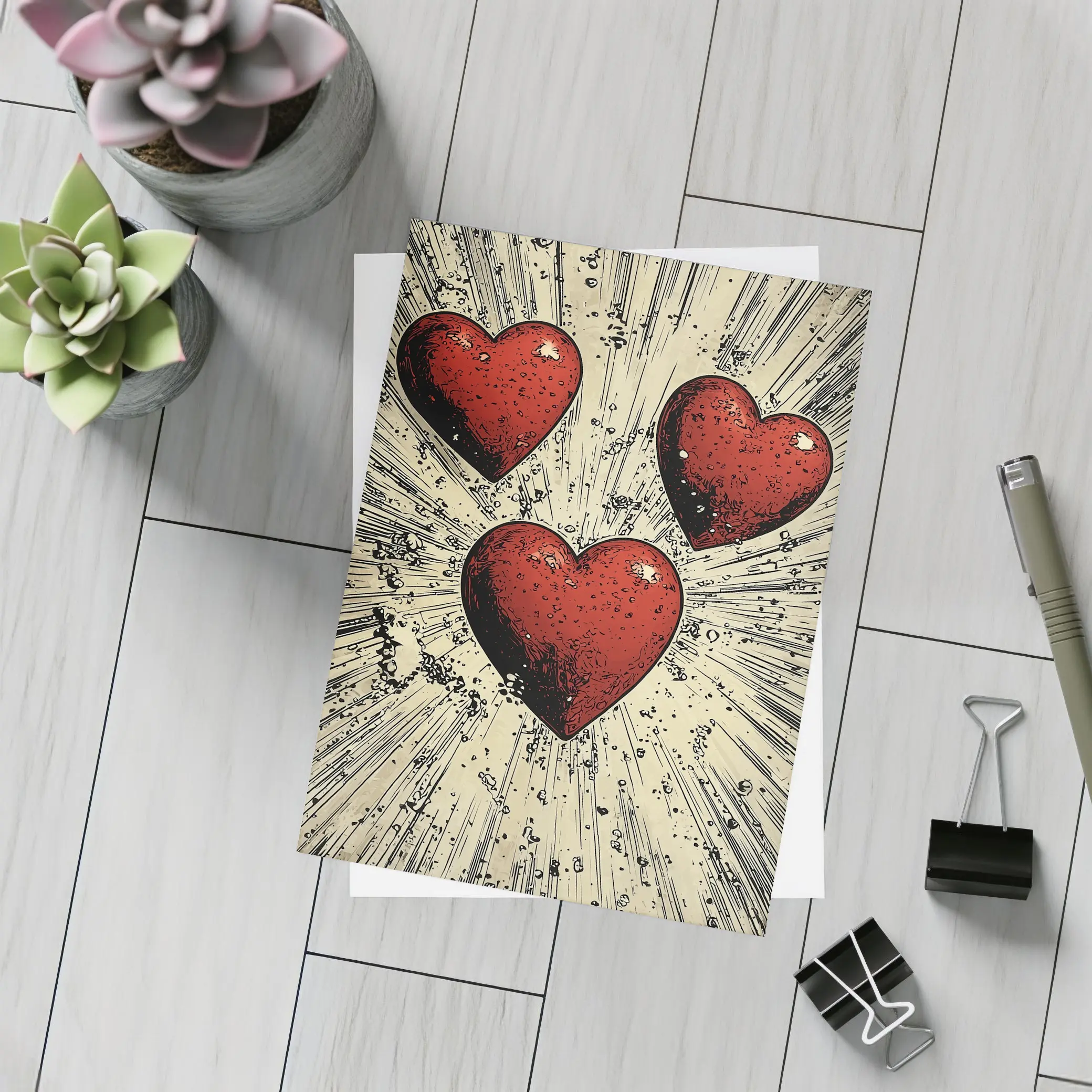 Three Red Hearts Comic Book Art Style – Postcards