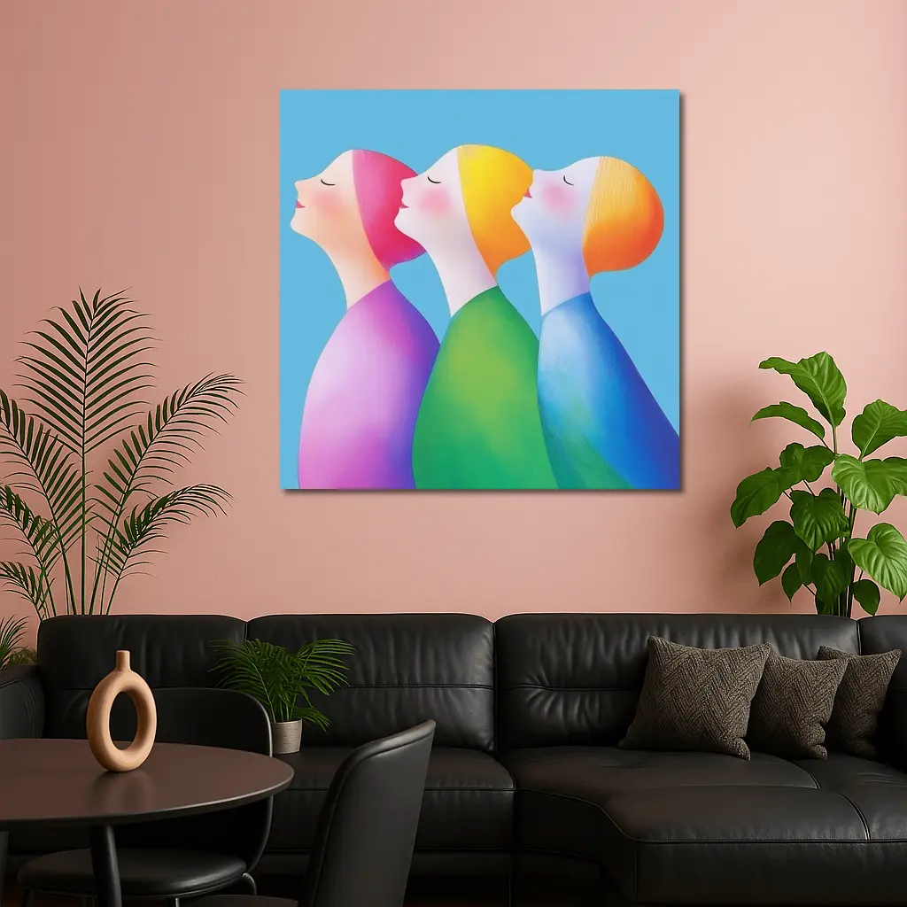 Three Women Colorful Minimalist Illustration Blue Background – Wall Art