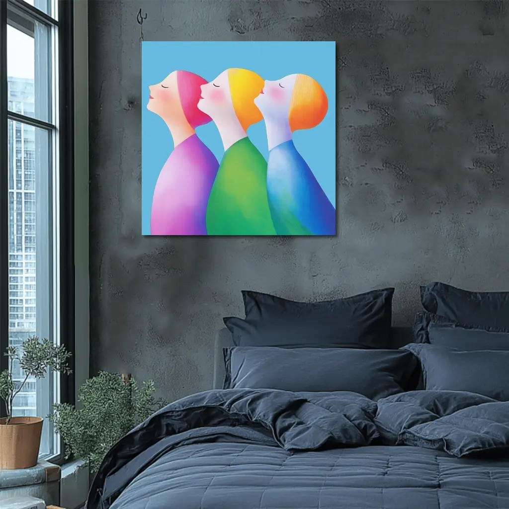 Three Women Colorful Minimalist Illustration Blue Background – Wall Art