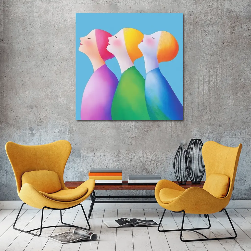 Three Women Colorful Minimalist Illustration Blue Background – Wall Art