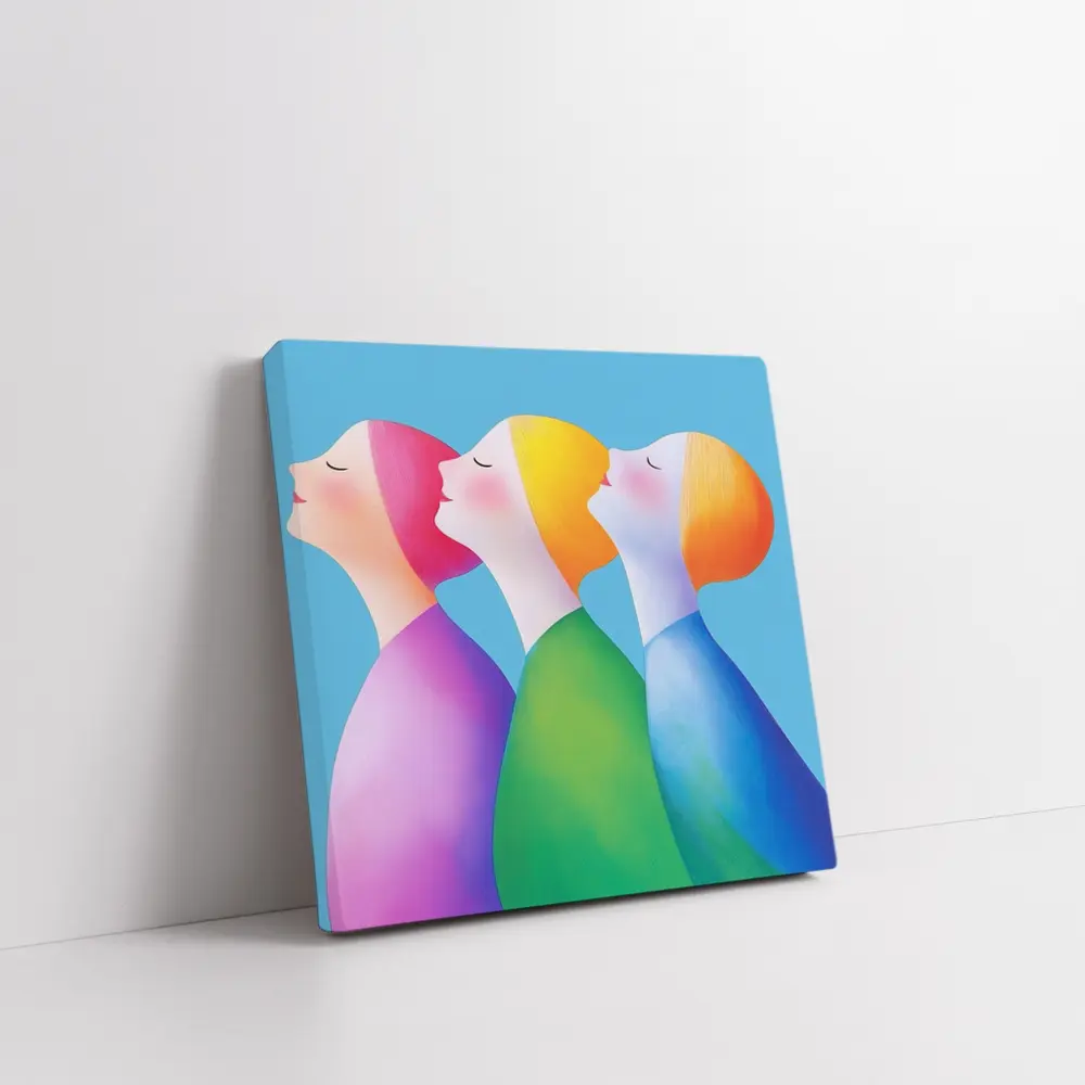 Three Women Colorful Minimalist Illustration Blue Background – Wall Art