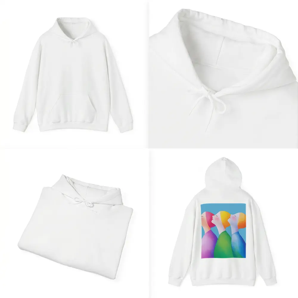 Three Women Colorful Minimalist Illustration Blue Background – Hoodies