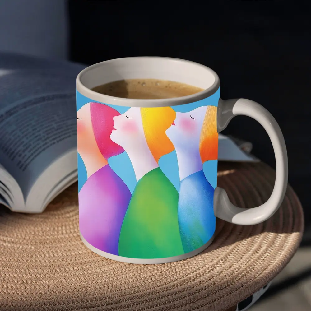 Three Women Colorful Minimalist Illustration Blue Background – Mugs