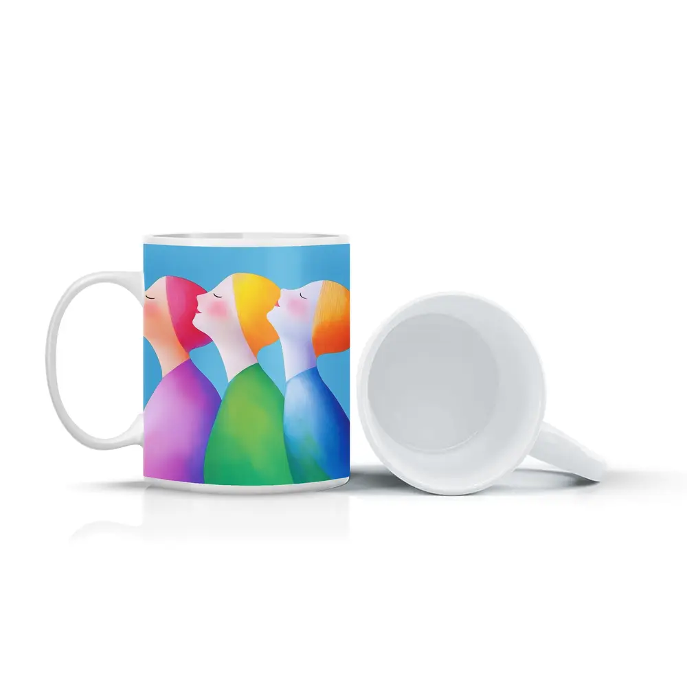 Three Women Colorful Minimalist Illustration Blue Background – Mugs