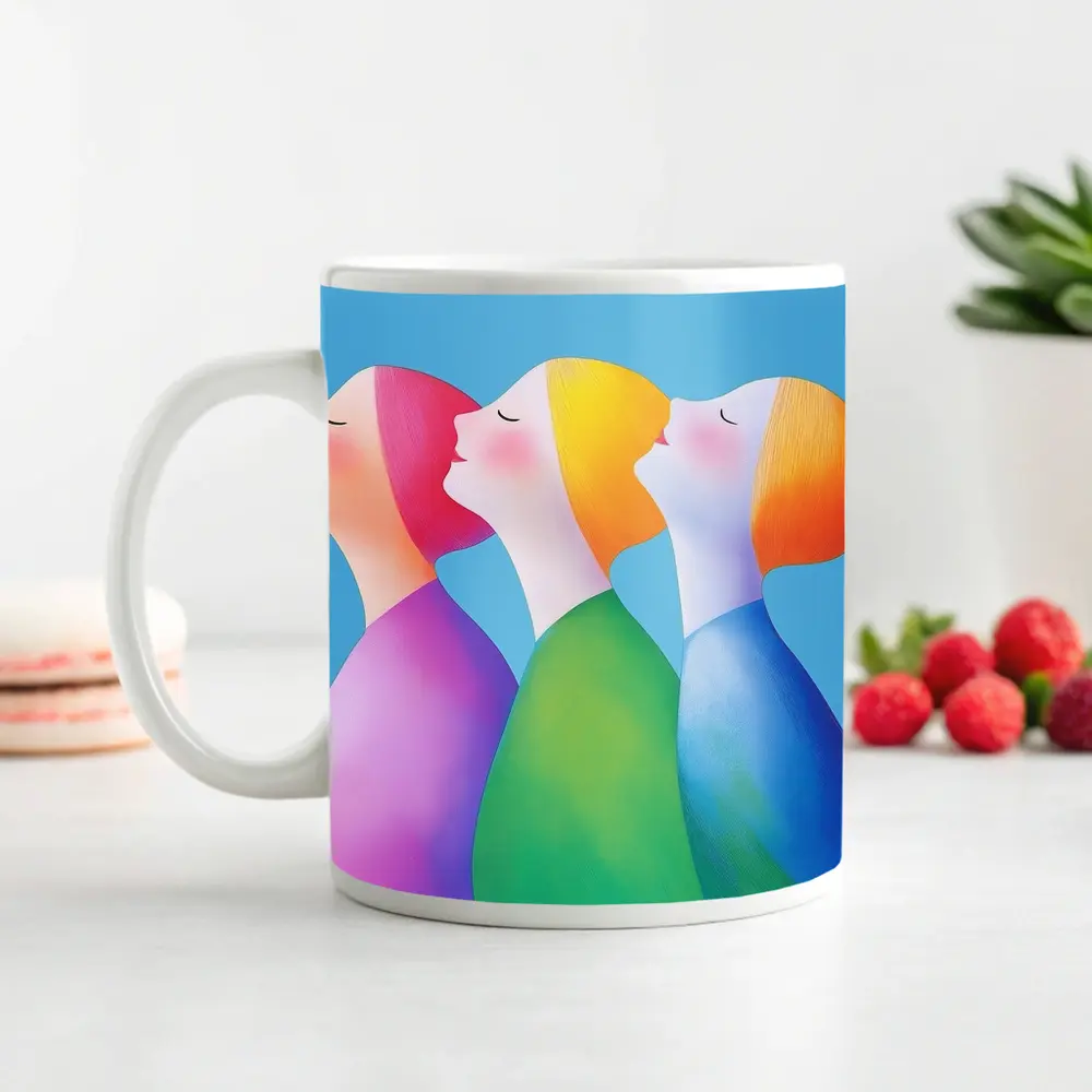 Three Women Colorful Minimalist Illustration Blue Background – Mugs