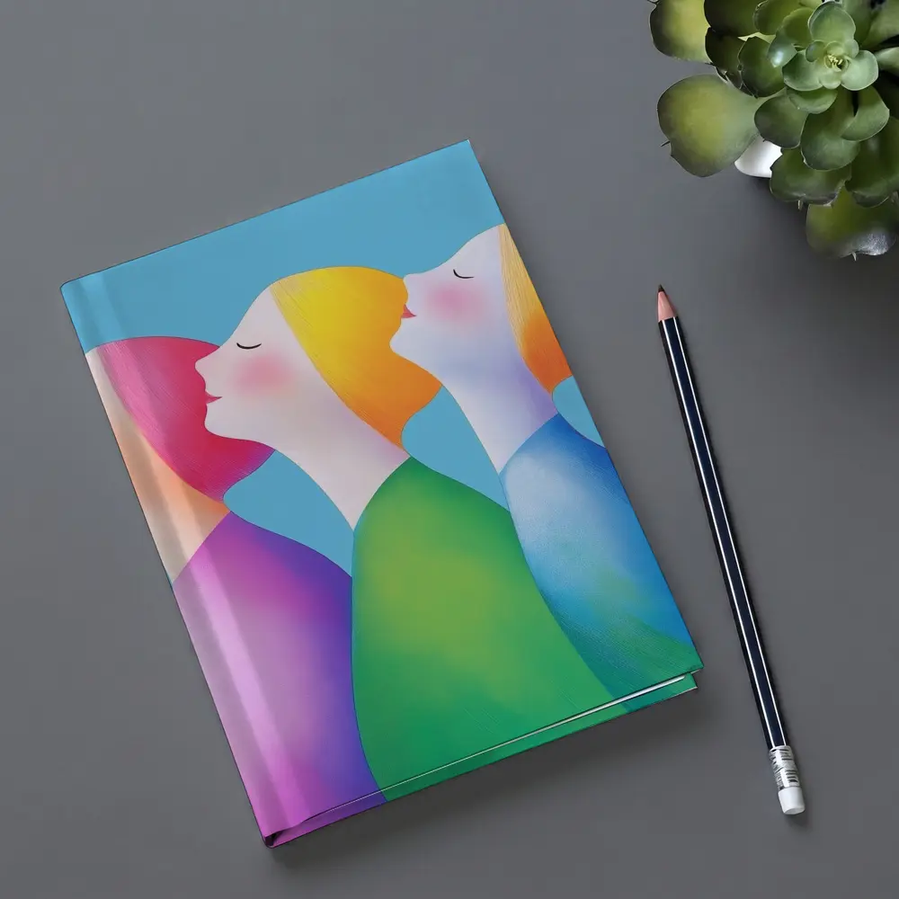 Three Women Colorful Minimalist Illustration Blue Background – Notebooks
