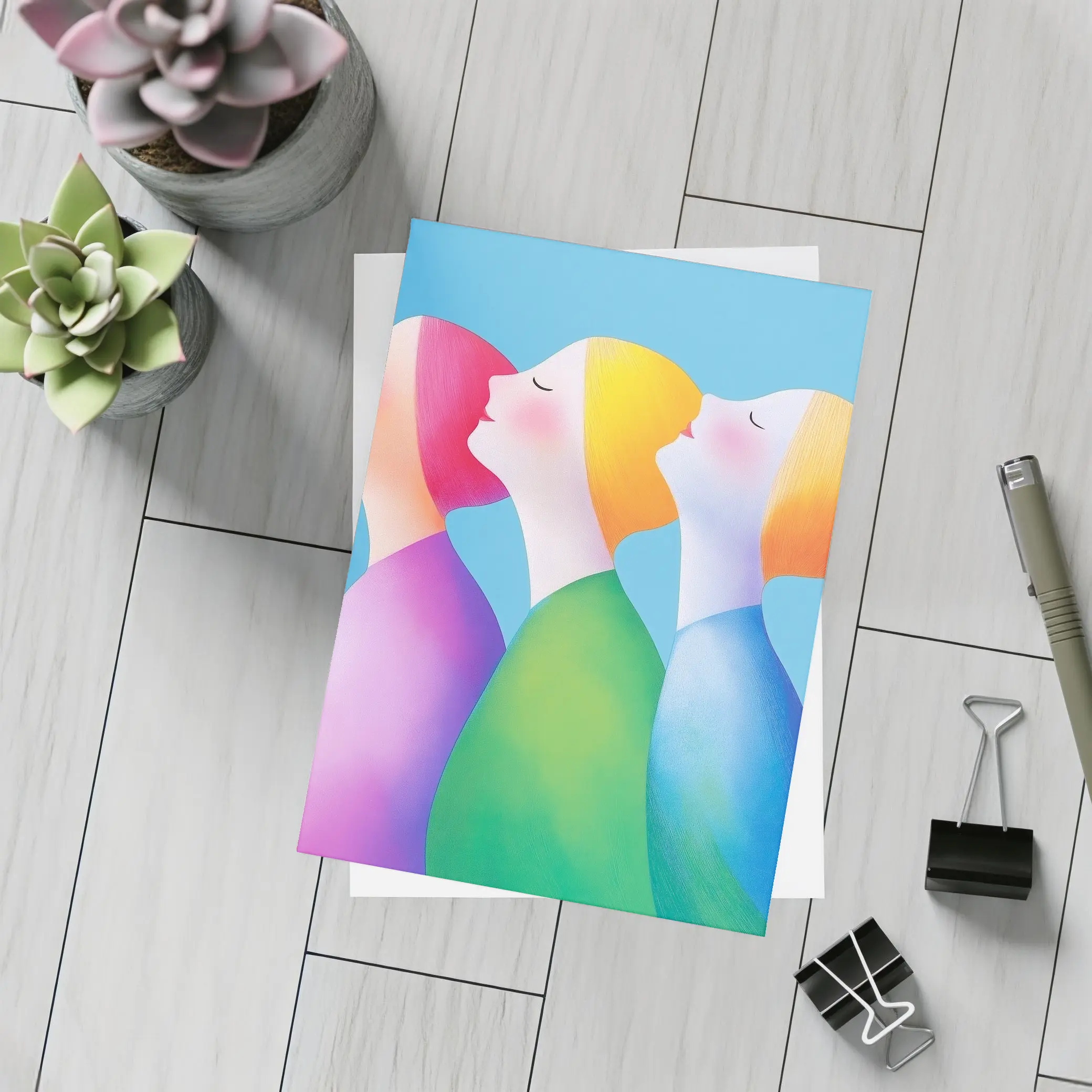 Three Women Colorful Minimalist Illustration Blue Background – Postcards