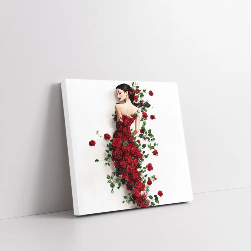 Woman Rose Dress Red Flowers White Background – Wall Art