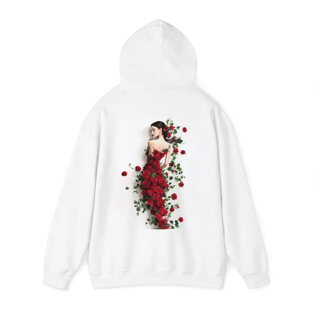 Woman Rose Dress Red Flowers White Background – Hoodies