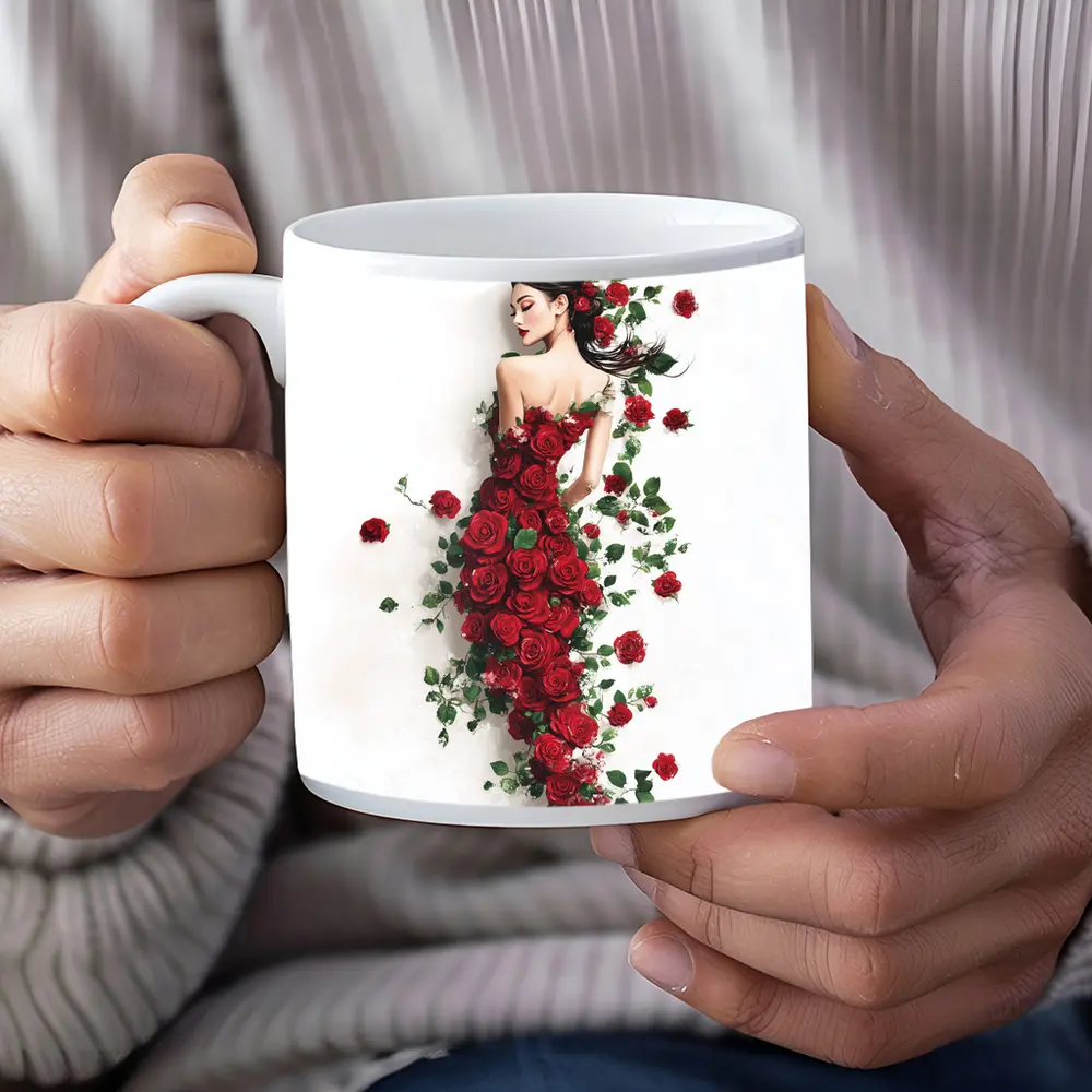 Woman Rose Dress Red Flowers White Background – Mugs