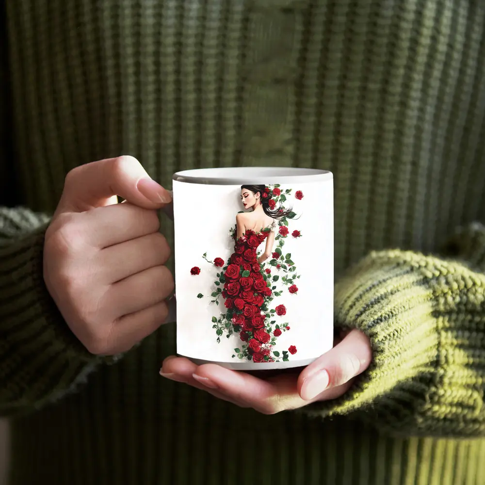 Woman Rose Dress Red Flowers White Background – Mugs