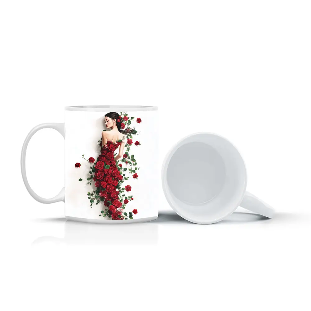 Woman Rose Dress Red Flowers White Background – Mugs