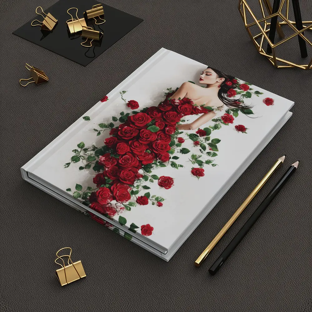 Woman Rose Dress Red Flowers White Background – Notebooks