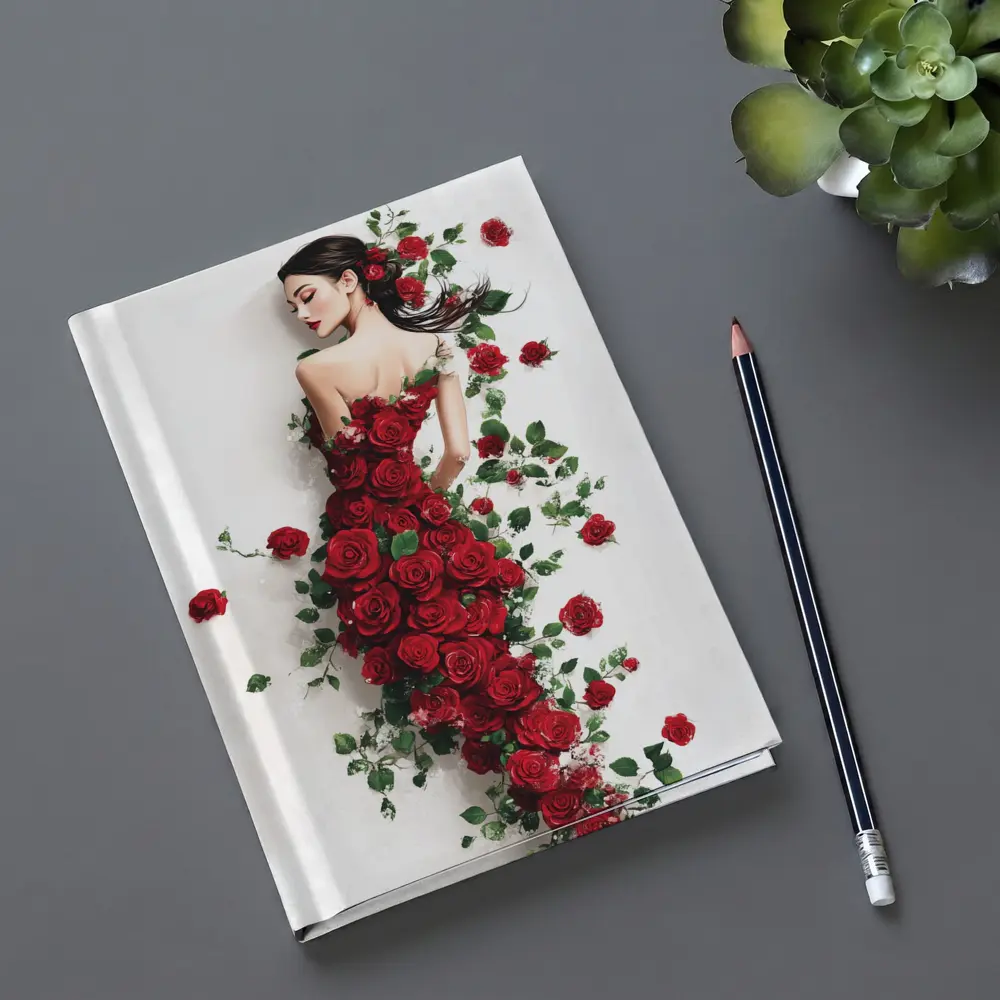 Woman Rose Dress Red Flowers White Background – Notebooks