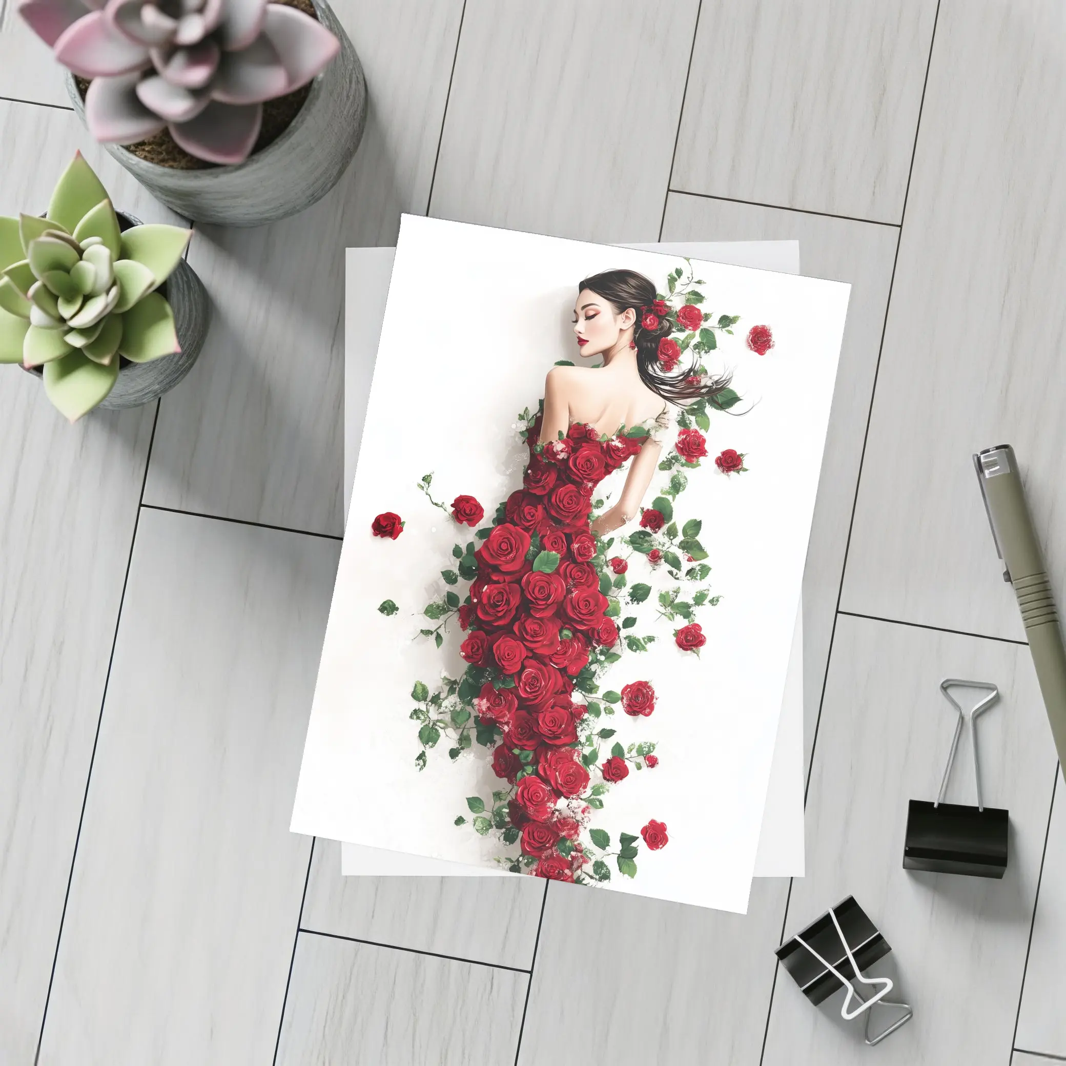Woman Rose Dress Red Flowers White Background – Postcards