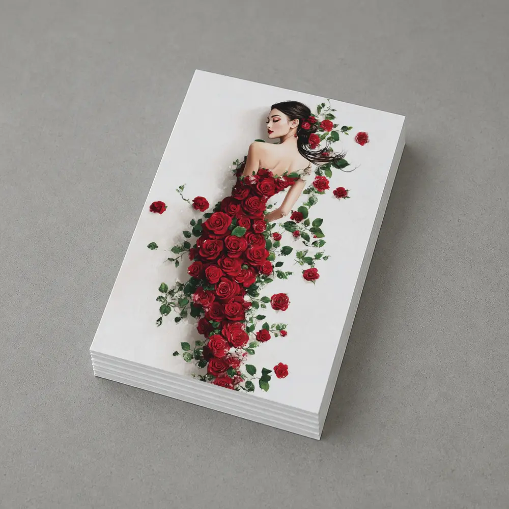 Woman Rose Dress Red Flowers White Background – Postcards