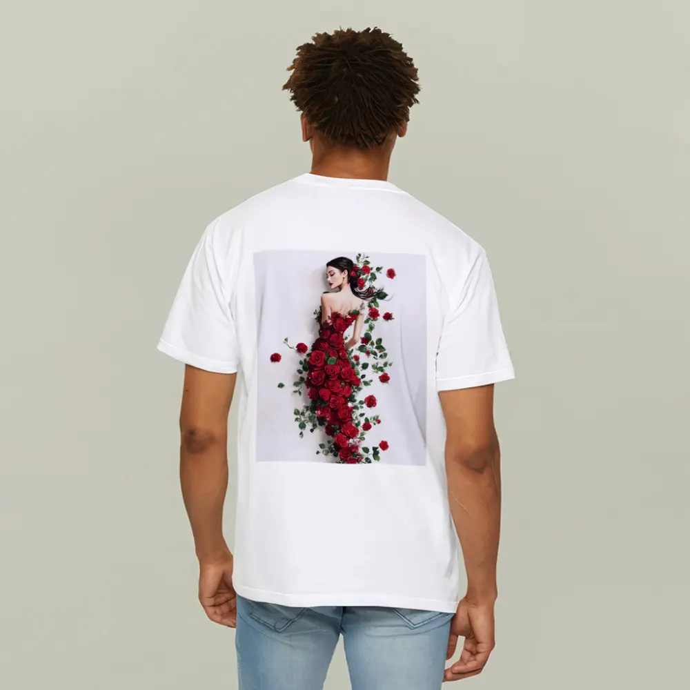 Woman Rose Dress Red Flowers White Background – T-Shirts