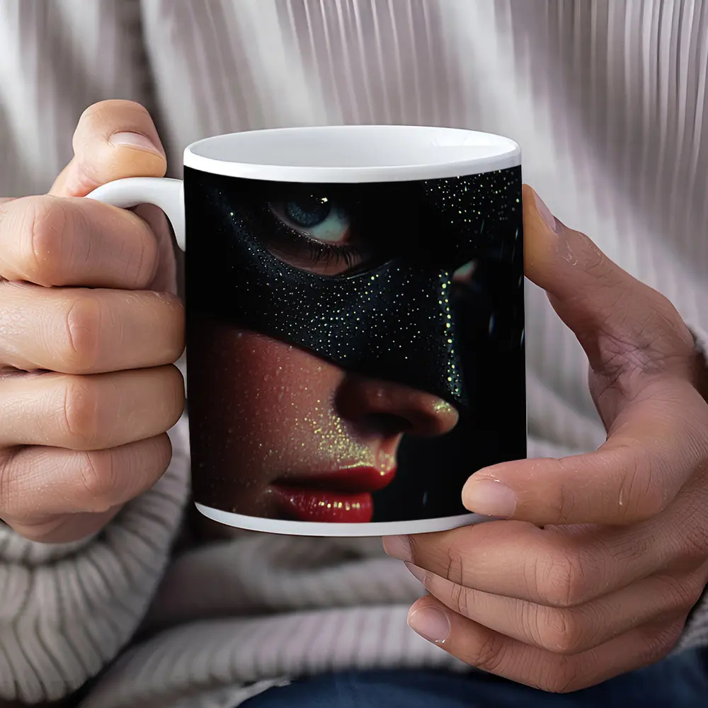Masked Woman Glitter Dark Dramatic Portrait – Mugs