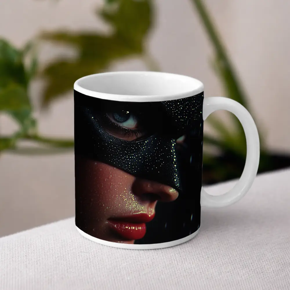 Masked Woman Glitter Dark Dramatic Portrait – Mugs