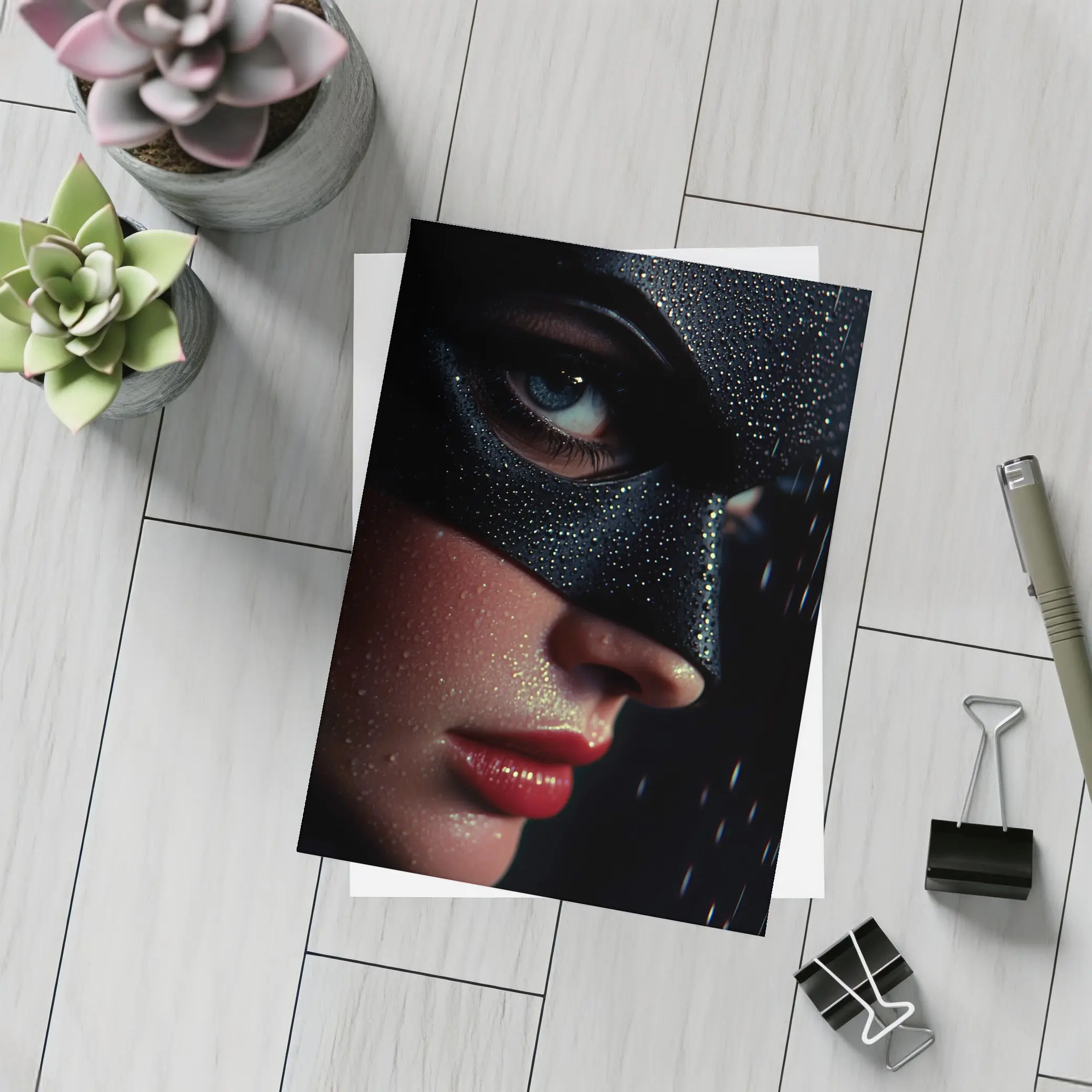 Masked Woman Glitter Dark Dramatic Portrait – Postcards