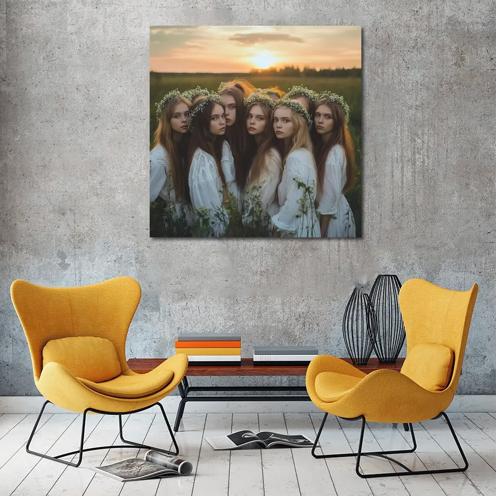 Girls In White Dresses Field Sunset – Wall Art