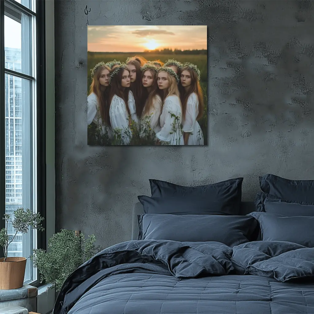 Girls In White Dresses Field Sunset – Wall Art