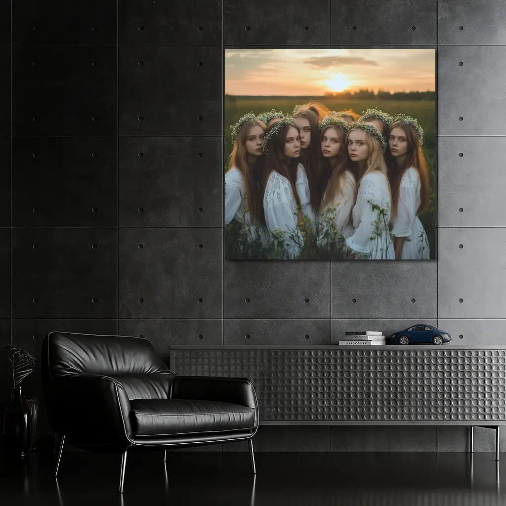 Girls In White Dresses Field Sunset – Wall Art