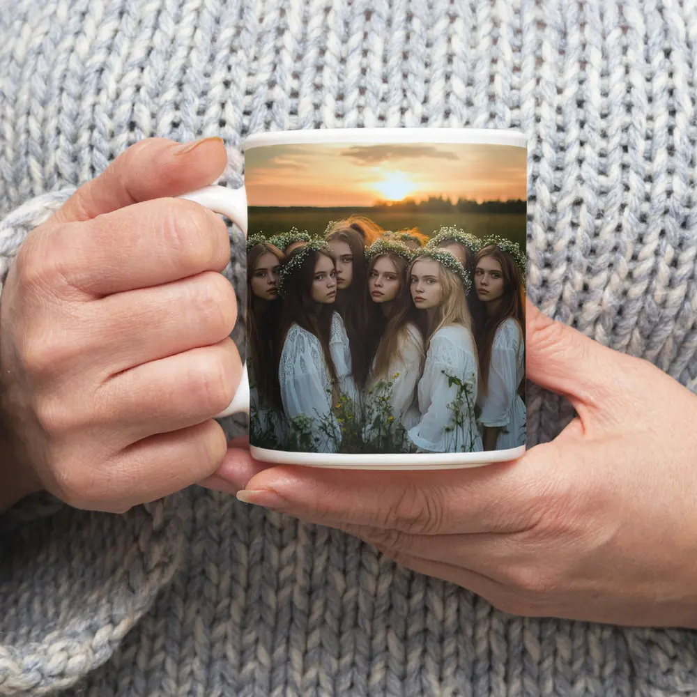 Girls In White Dresses Field Sunset – Mugs
