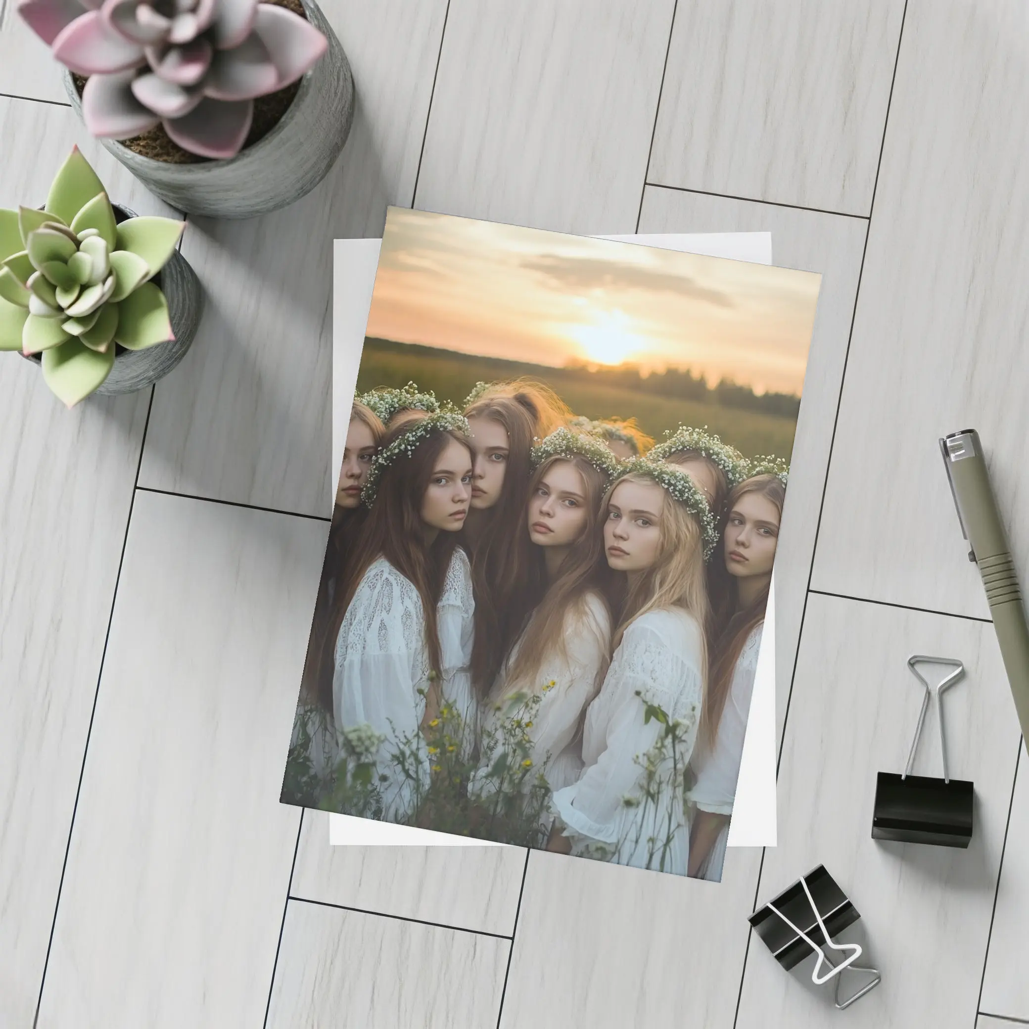 Girls In White Dresses Field Sunset – Postcards