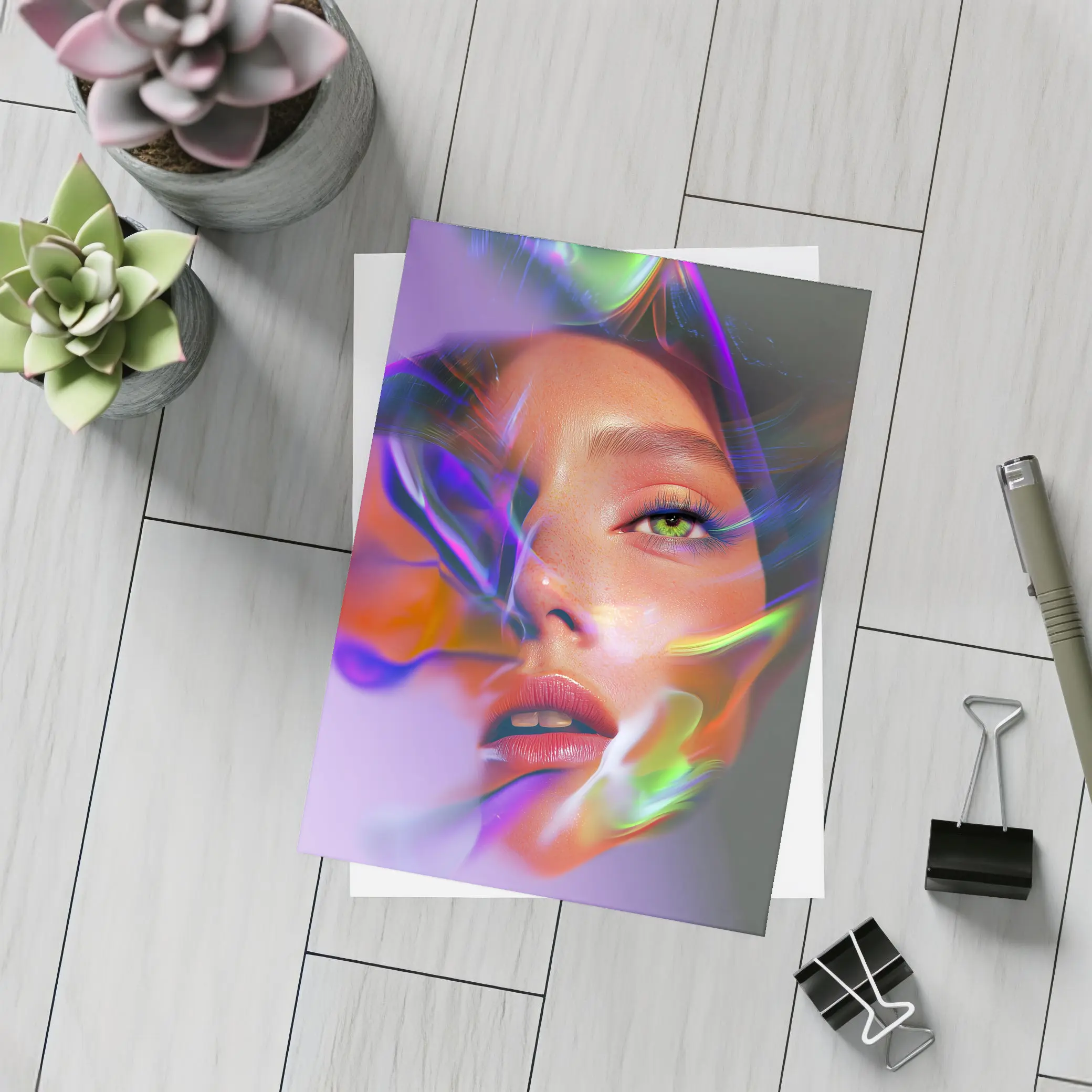 Neon Smoke Woman Face Digital Art – Postcards