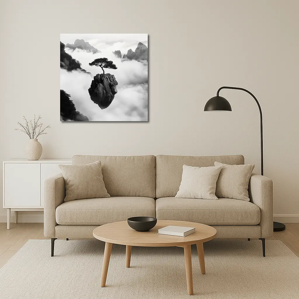 Lone Pine Tree Floating Rock Black White – Wall Art