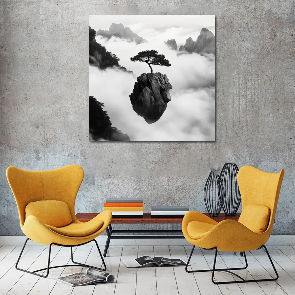 Lone Pine Tree Floating Rock Black White – Wall Art