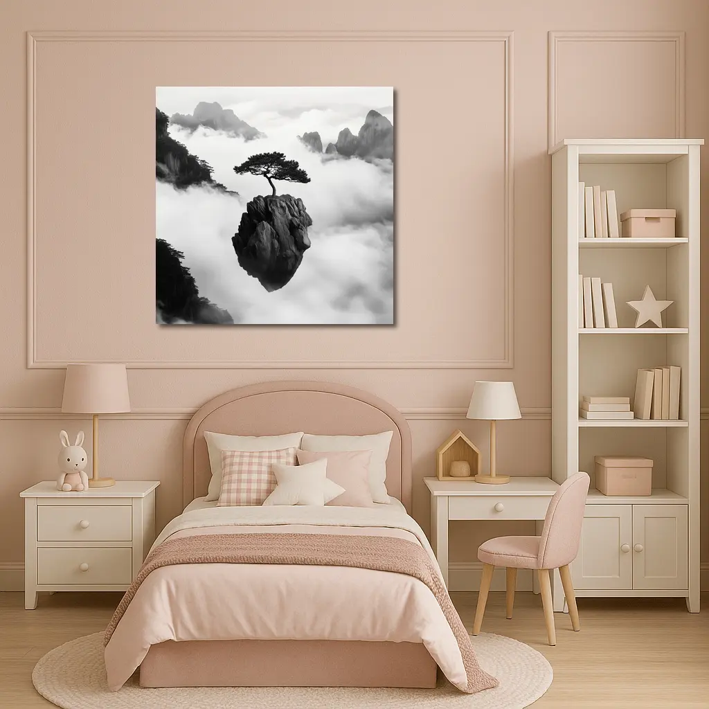 Lone Pine Tree Floating Rock Black White – Wall Art