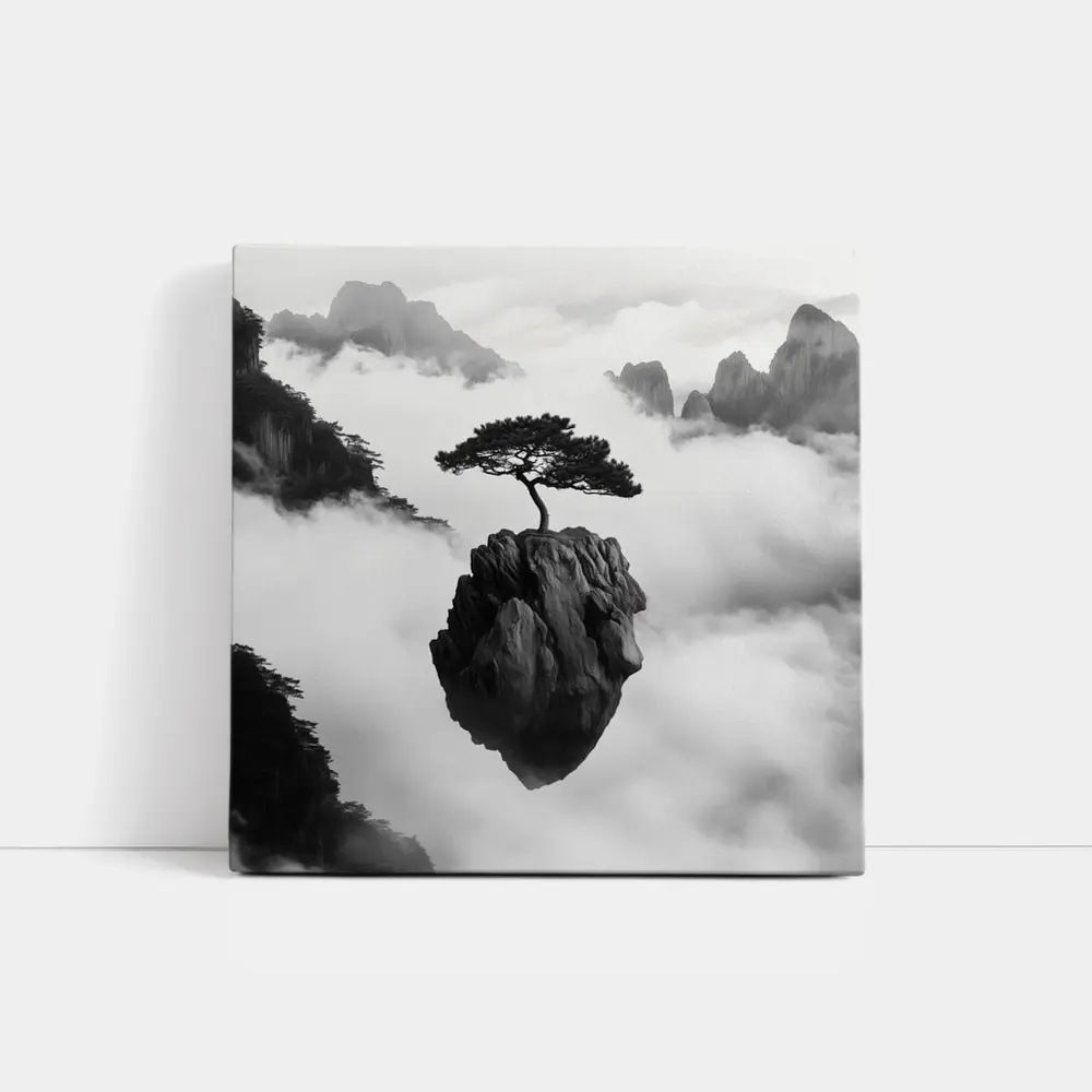 Lone Pine Tree Floating Rock Black White – Wall Art
