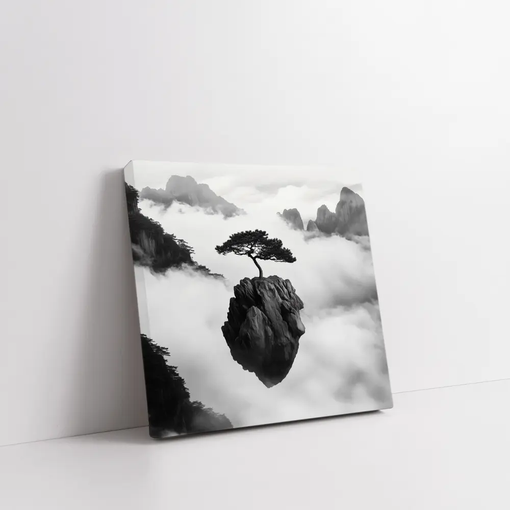 Lone Pine Tree Floating Rock Black White – Wall Art