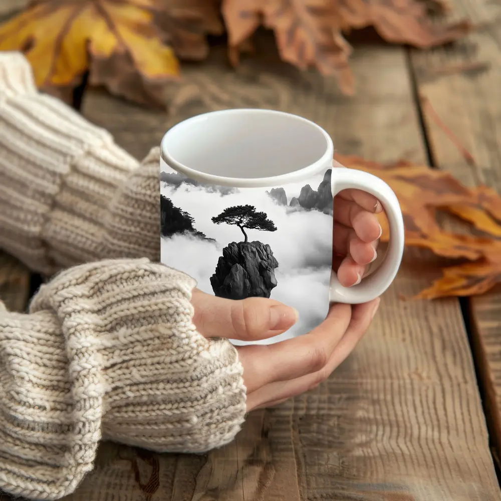 Lone Pine Tree Floating Rock Black White – Mugs