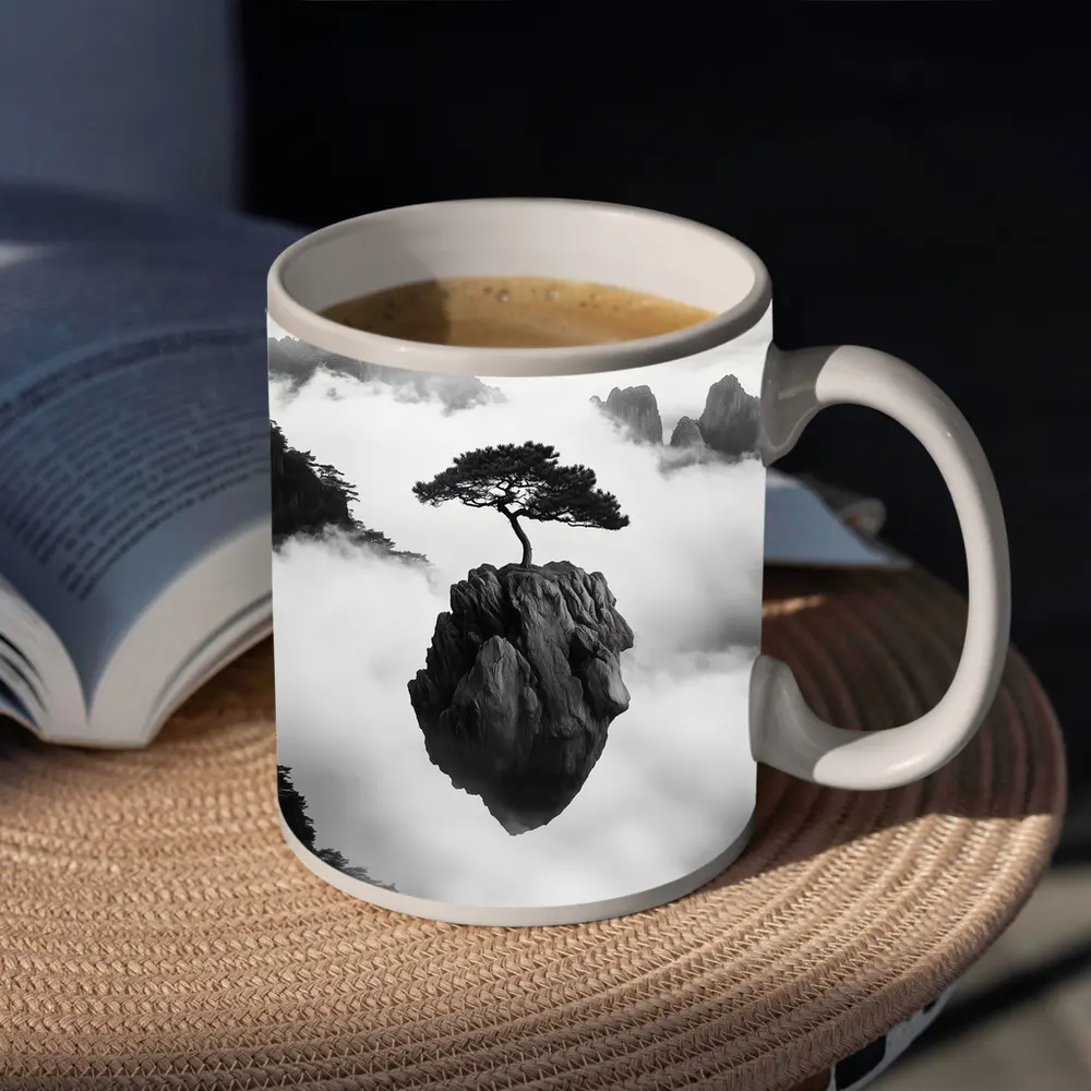 Lone Pine Tree Floating Rock Black White – Mugs