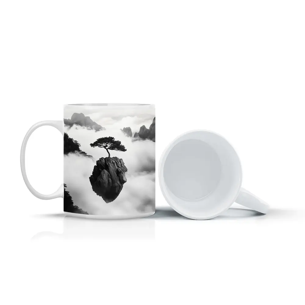 Lone Pine Tree Floating Rock Black White – Mugs